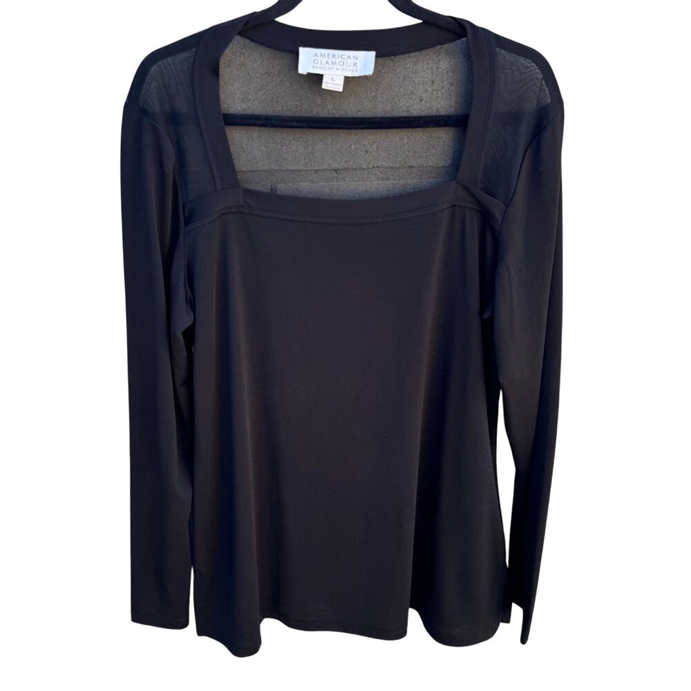 Badgley Mischka American Glamour Mesh Panel Square Neck Long Sleeve Top Black L‎